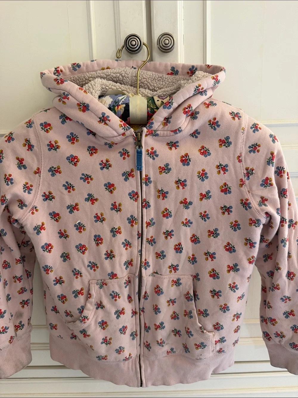 Mini Boden Light Pink Floral Sherpa Lined Zip Front Hoodie